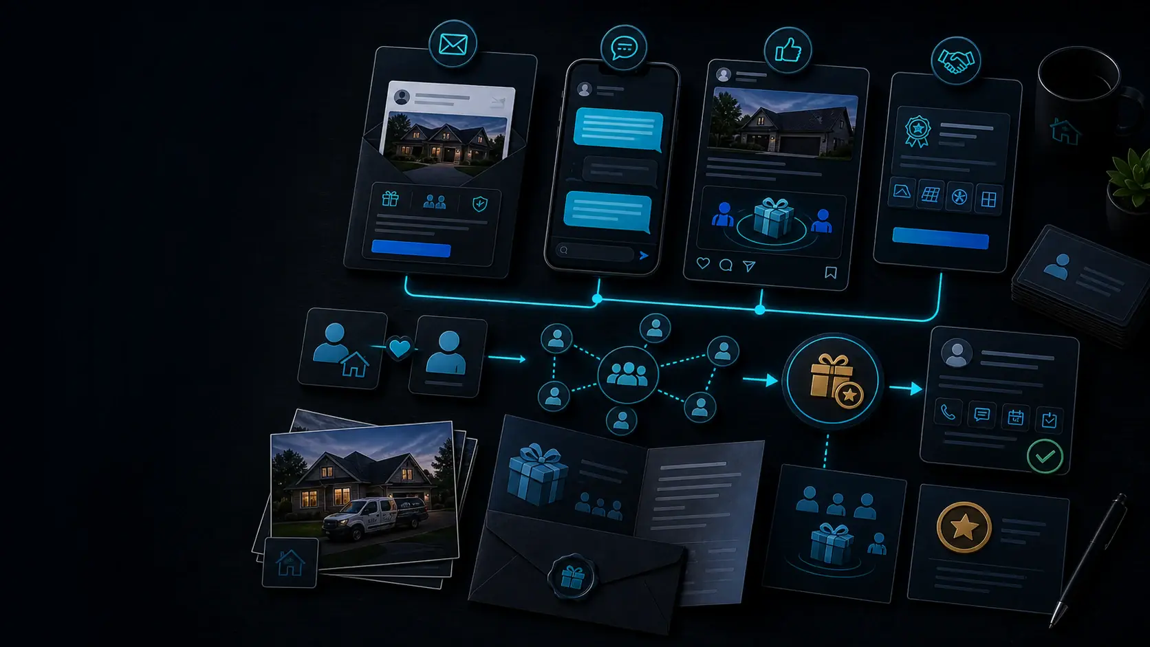 GhostRep referral program announcement cover showing customer email, SMS, social, and partner referral campaign assets