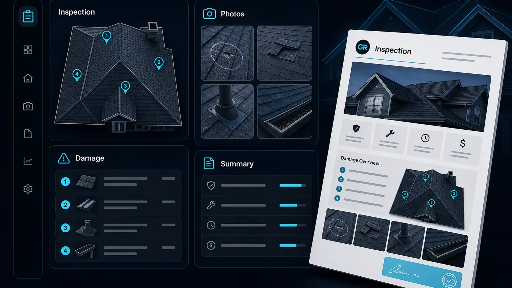 GhostRep roofing inspection summary generator cover showing roof damage notes and report workflow