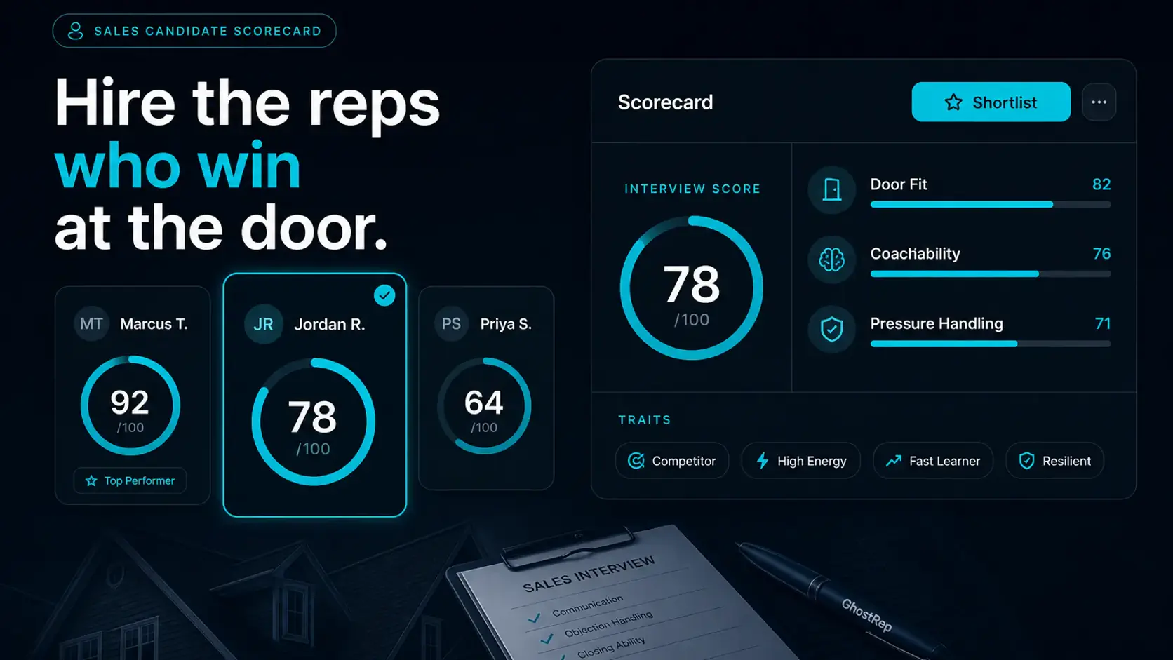 GhostRep sales candidate scorecard cover showing AI interview scores and shortlist workflow