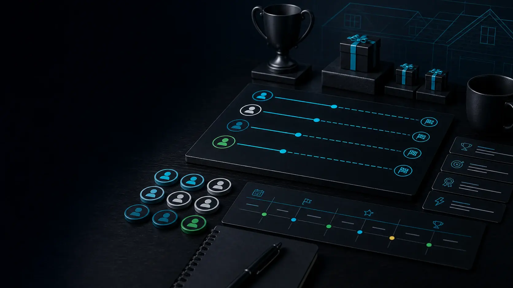 GhostRep sales contest builder cover showing leaderboard tiles, contest rules, and team progress workflow