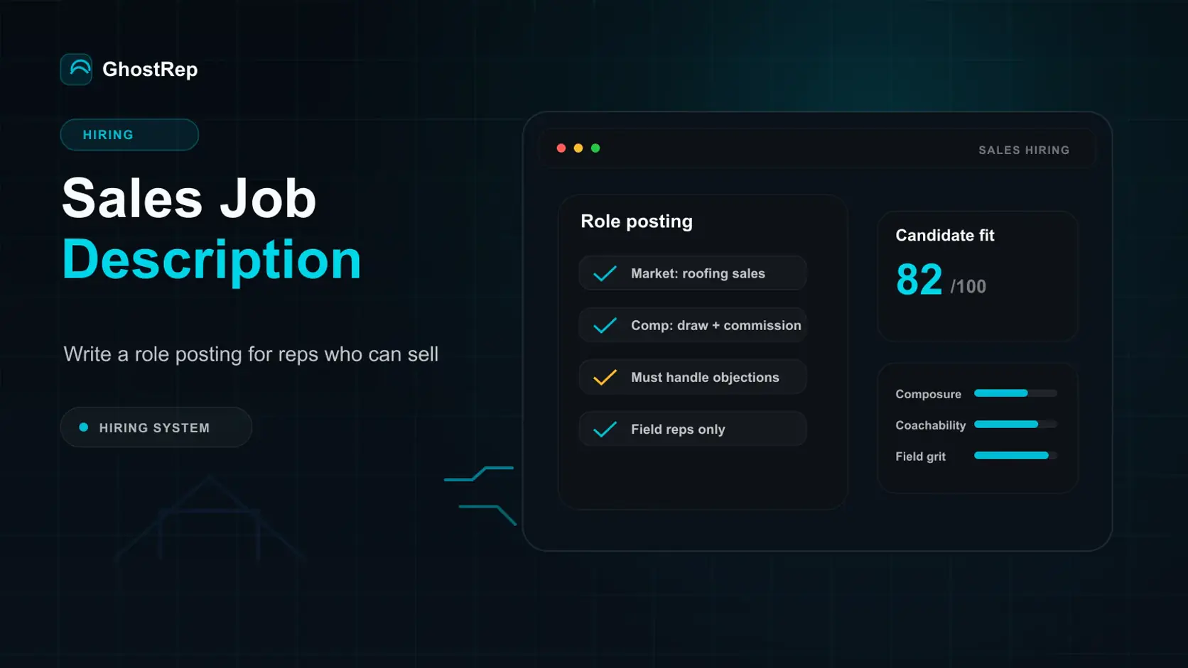 GhostRep sales job description generator cover showing a contractor sales role posting workflow
