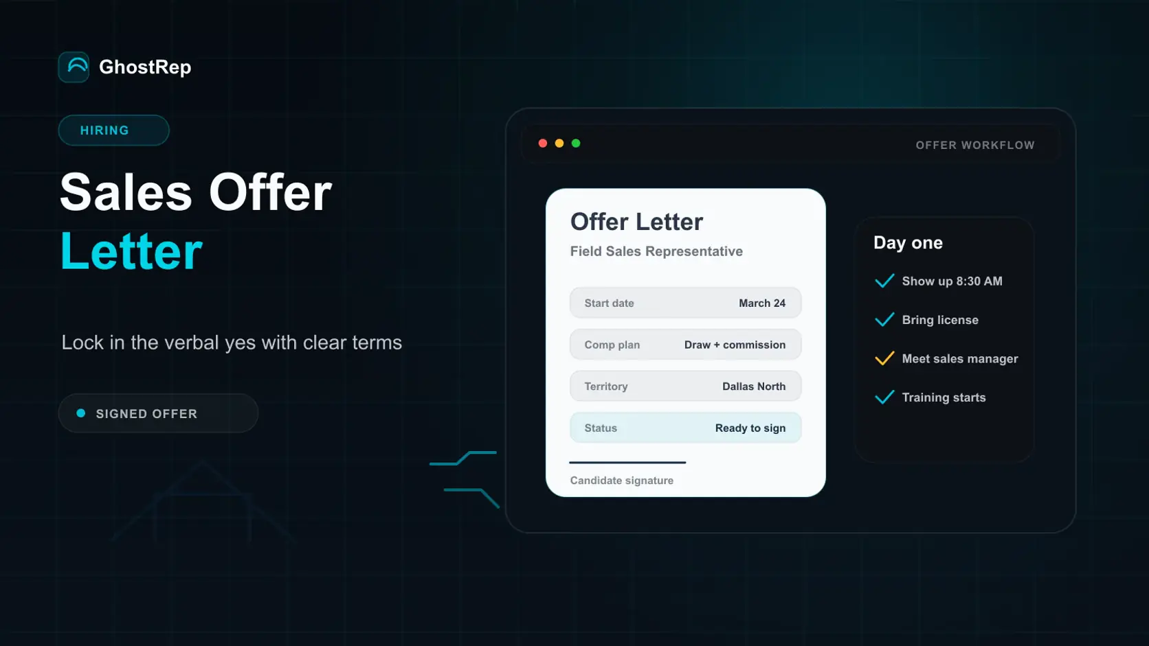 GhostRep sales offer letter generator cover showing signed offer terms and day-one hiring steps
