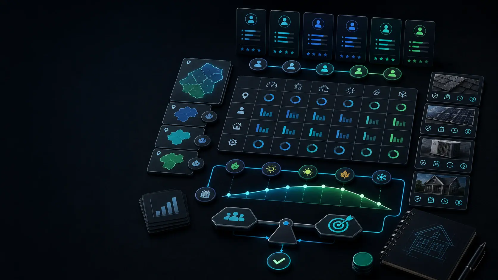 GhostRep sales quota setting tool cover showing territory zones, rep experience cards, seasonal targets, and quota planning