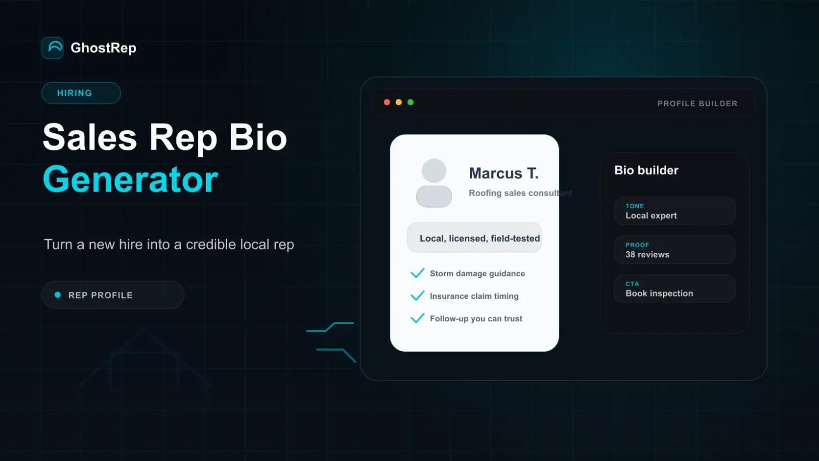 GhostRep sales rep bio generator cover showing a local contractor rep profile builder
