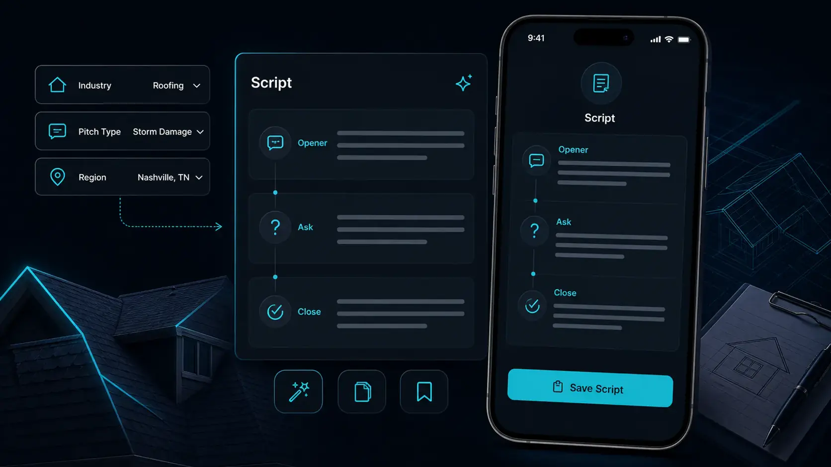 GhostRep sales script generator cover showing opener, ask, and close script workflow
