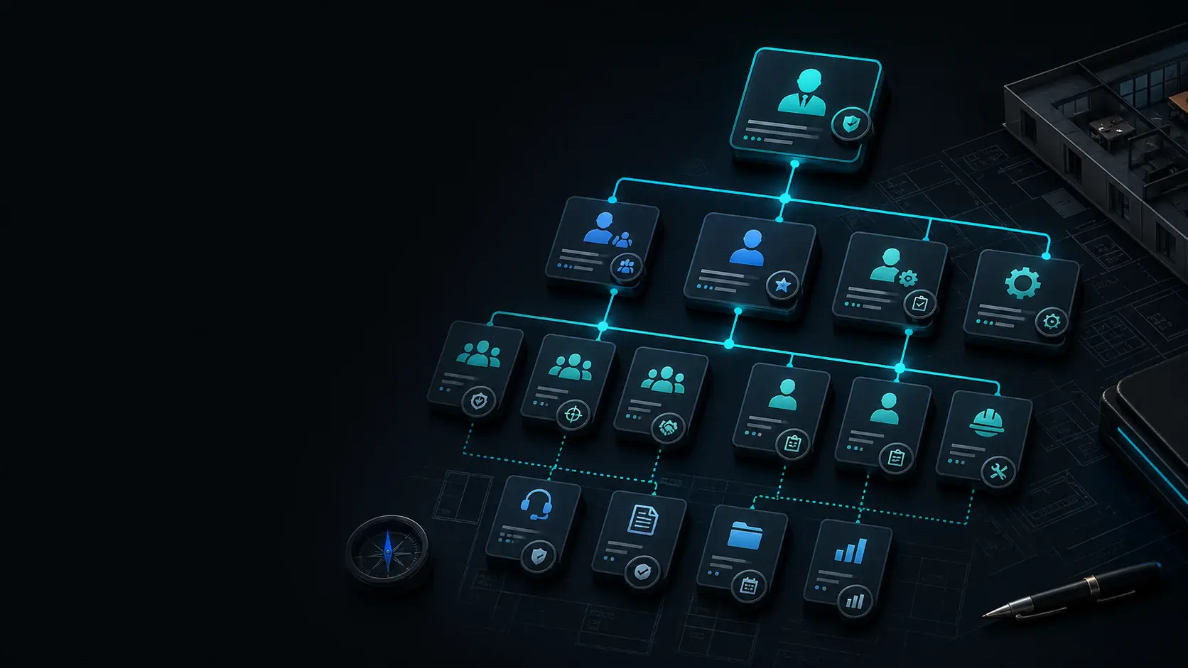 GhostRep sales team org chart cover showing reporting lines, role cards, and contractor sales accountability structure