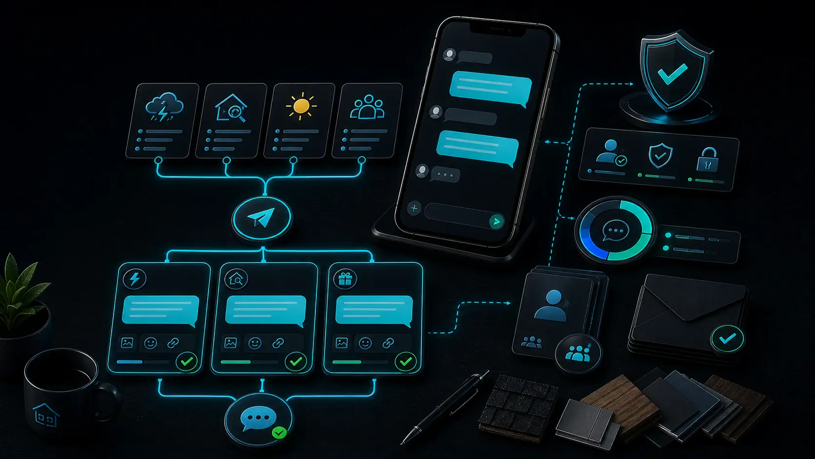 GhostRep SMS campaign generator cover showing compliant text-message variants, consent shield, and homeowner reply workflow