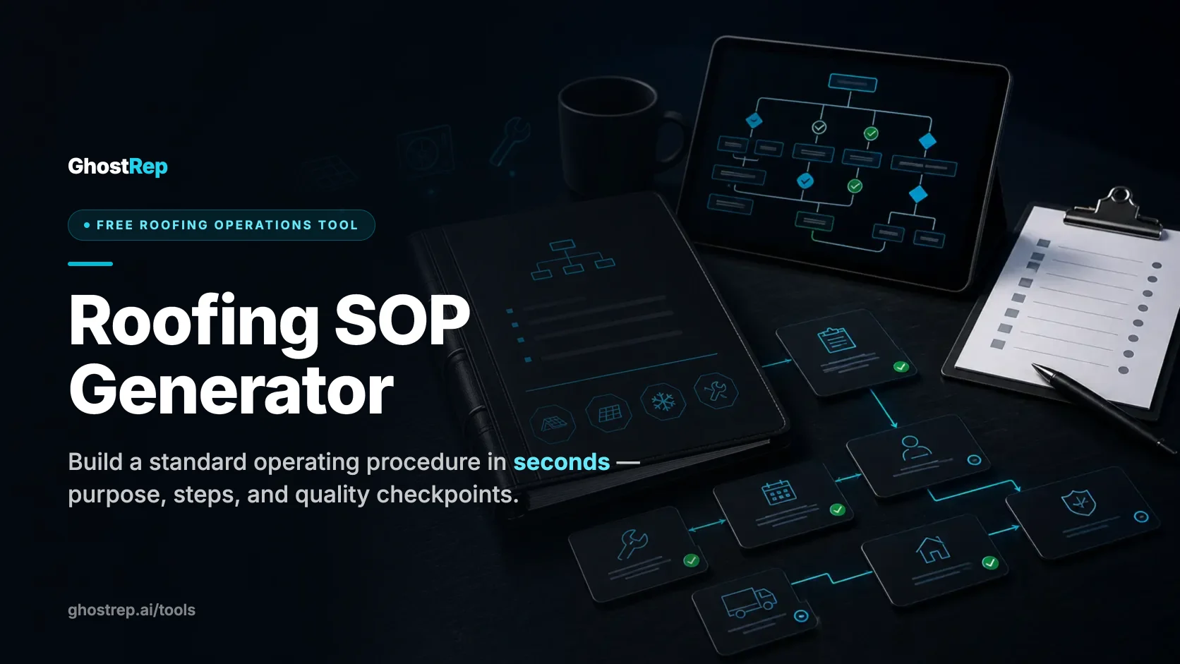Roofing SOP Generator cover — a GhostRep free roofing operations tool, over a photo of an SOP binder, a process flowchart on a tablet, and a workflow of checkpoint cards.