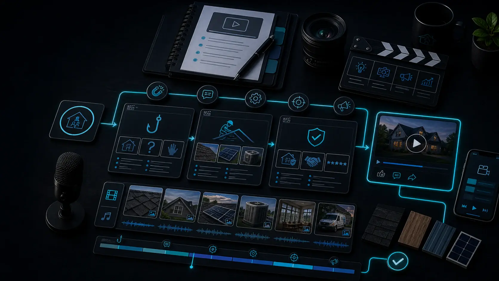 GhostRep video script generator cover showing contractor storyboard cards, video timeline, and CTA workflow