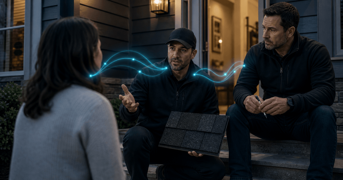 Two roofing sales representatives speaking with a homeowner on a front porch while one rep holds a black shingle sample