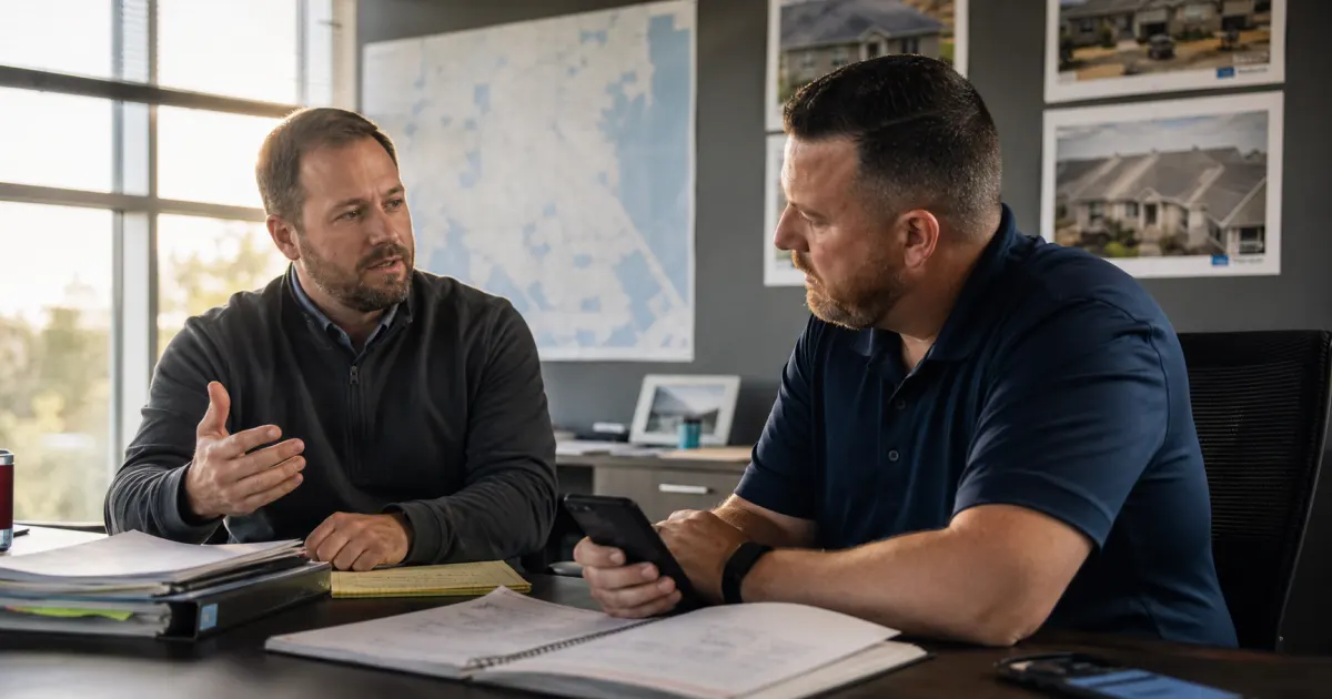 Roofing sales manager holding a focused one-on-one with an experienced rep before workload and support problems lead to resignation