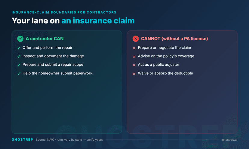 What a roofing contractor can and cannot do on an insurance claim per NAIC: a contractor can offer and perform the repair, inspect and document damage, prepare and submit a repair scope, and help submit paperwork; a contractor cannot prepare or negotiate the claim, advise on policy coverage, act as a public adjuster without a license, or waive the deductible