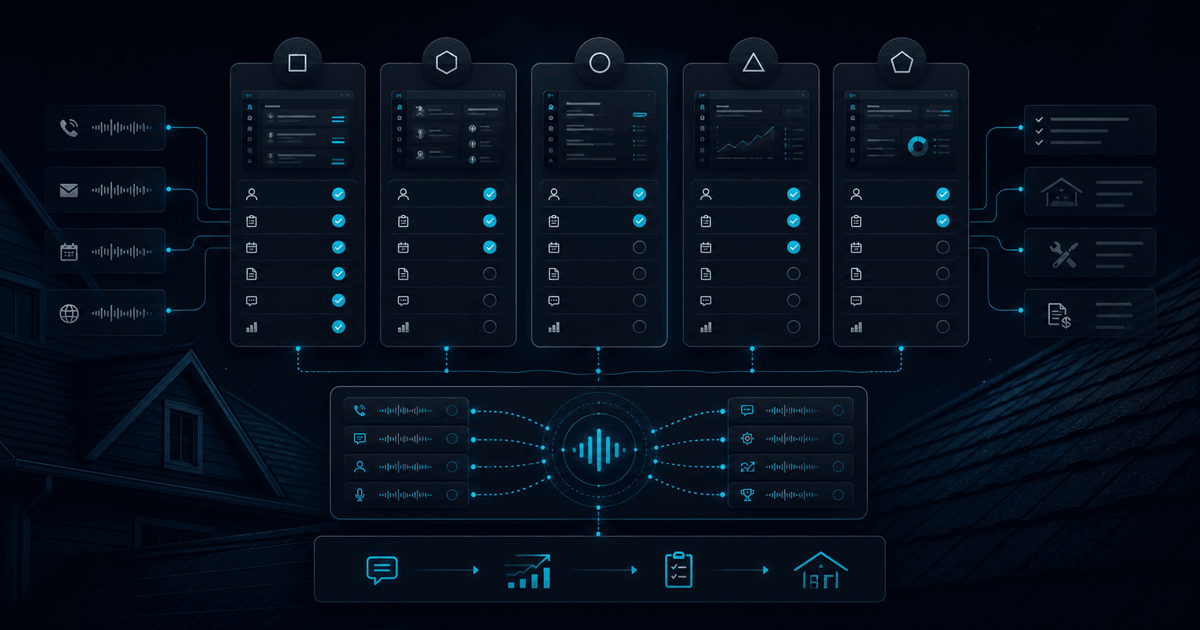 Dark workflow diagram showing connected roofing records, status checkmarks, communication channels, and a job icon