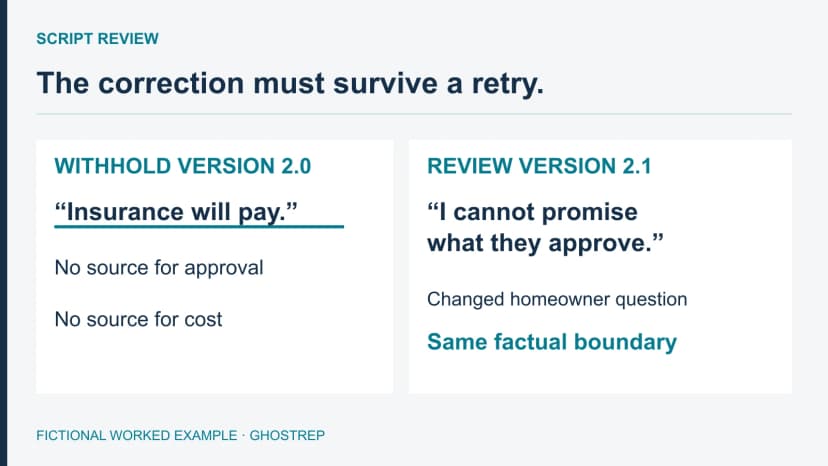 A roofing script review showing an unsupported insurance promise, its source rule and a corrected inspection offer.