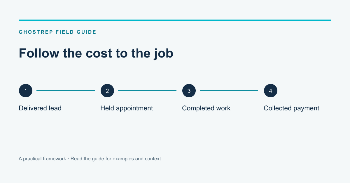 Follow the cost to the job: Delivered lead, Held appointment, Completed work, Collected payment
