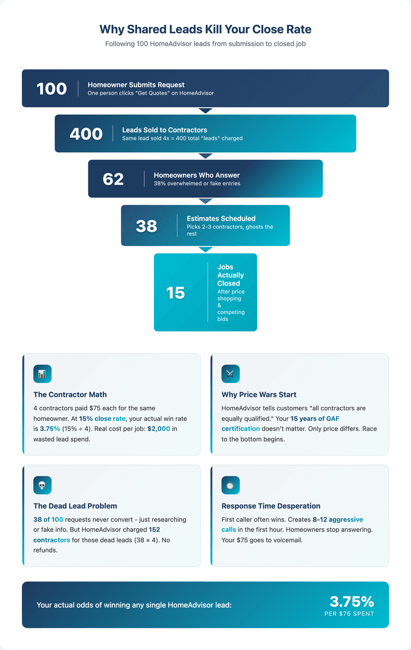 HomeAdvisor Real Cost Breakdown HomeAdvisor Real Cost Breakdown infographic showing HomeAdvisor roofing lead costs and conversion rates