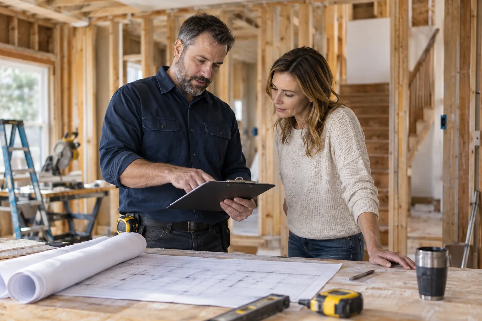 Illustrative general contractor and homeowner reviewing a scope during renovation
