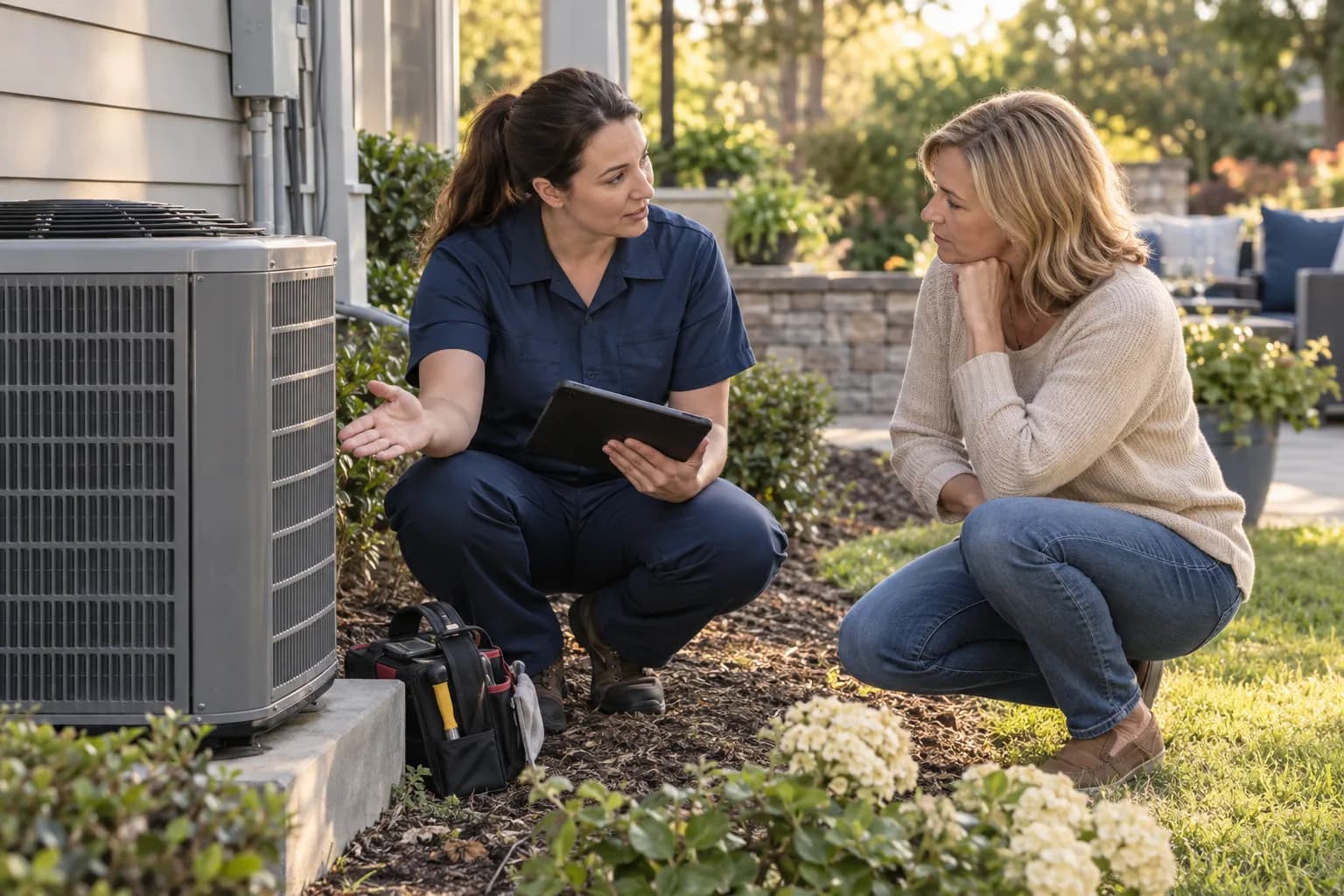 Illustrative HVAC adviser discussing equipment options with a homeowner