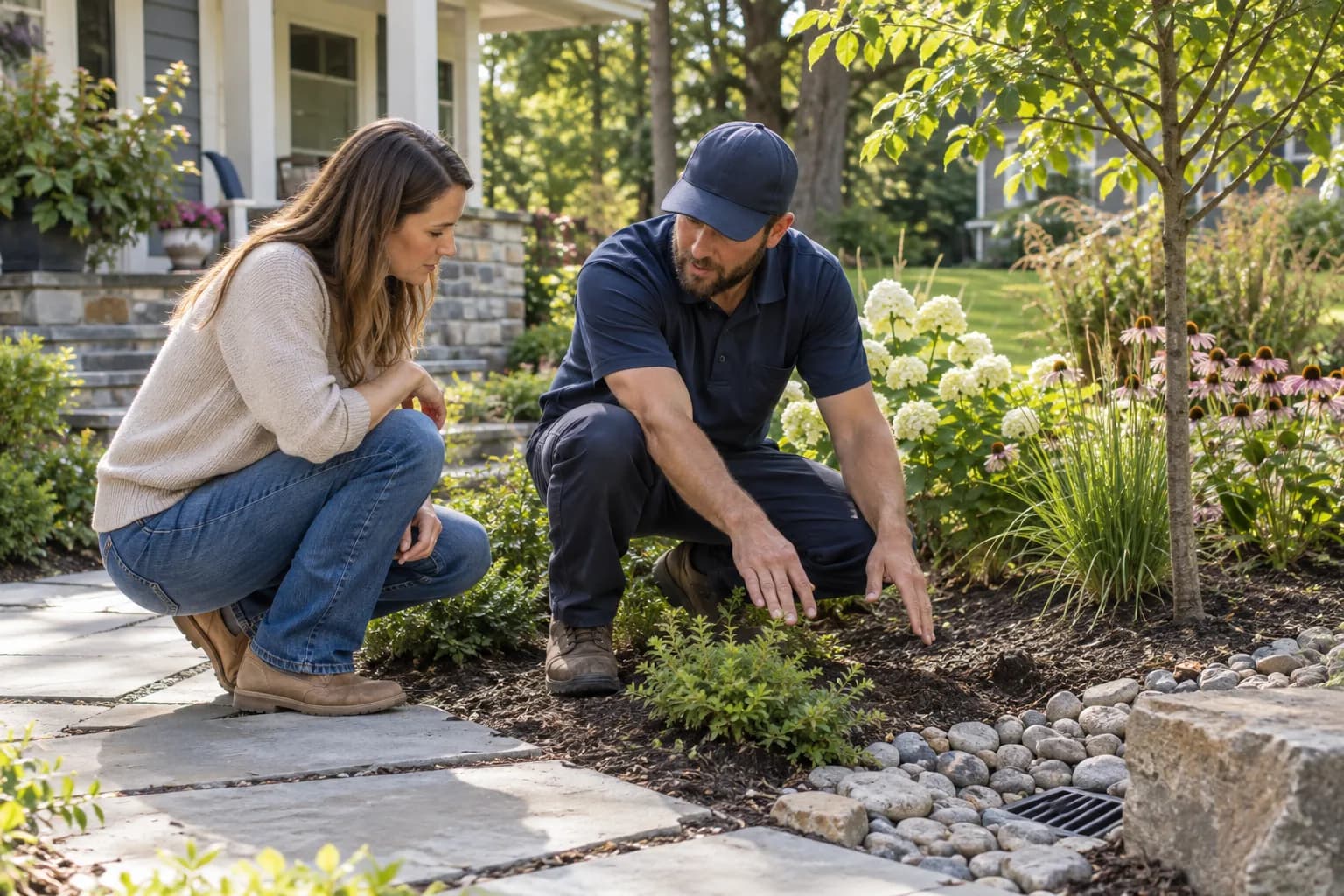 Illustrative landscape designer and homeowner reviewing a planting plan