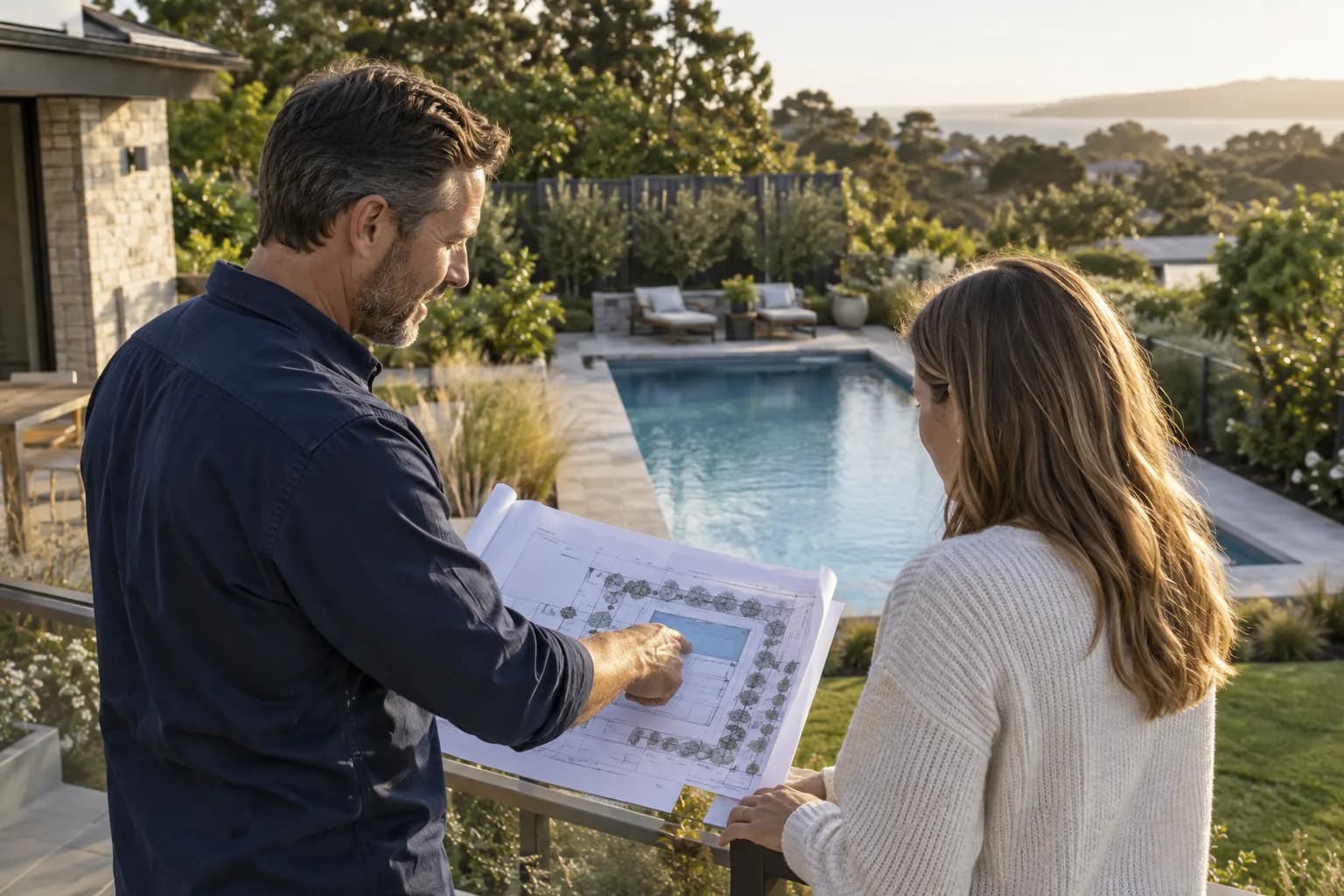 Illustrative pool designer and homeowner reviewing a backyard site plan