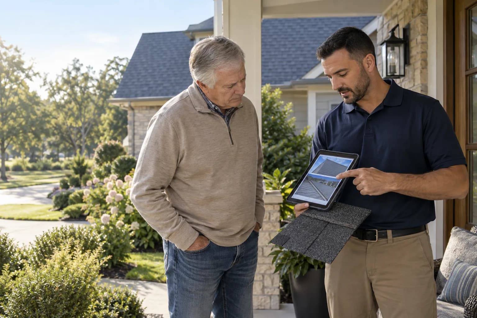 Illustrative roofing estimator showing a shingle sample to a homeowner