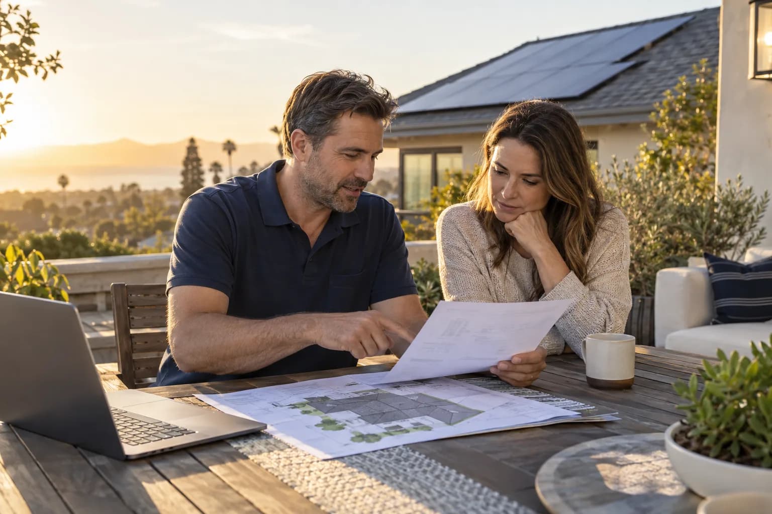Illustrative solar consultation with an energy bill and roof plan