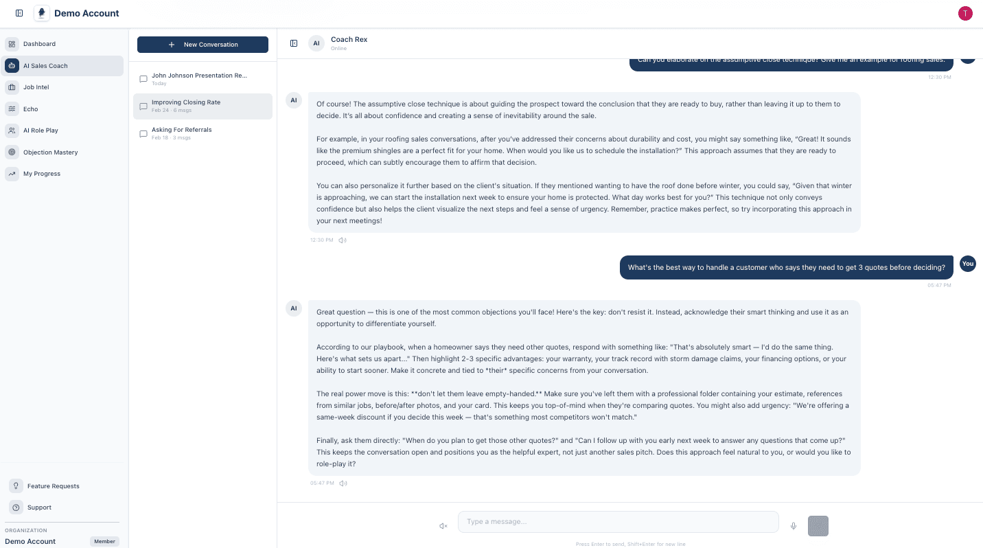 GhostRep AI Sales Coach conversation interface in a demo account
