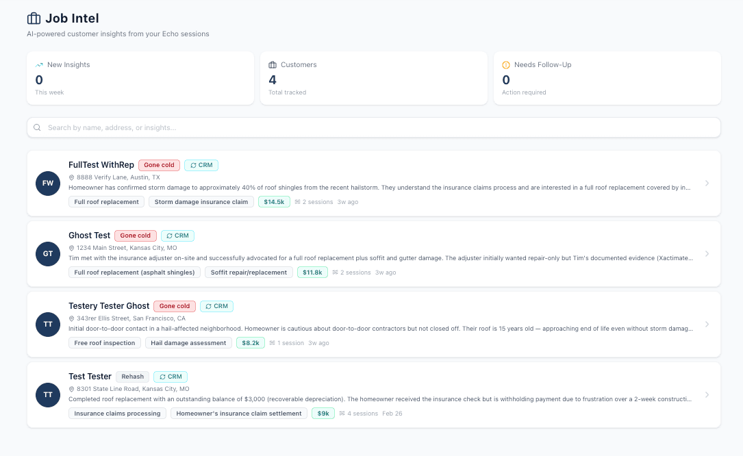GhostRep Job Intel customer context interface with demo records