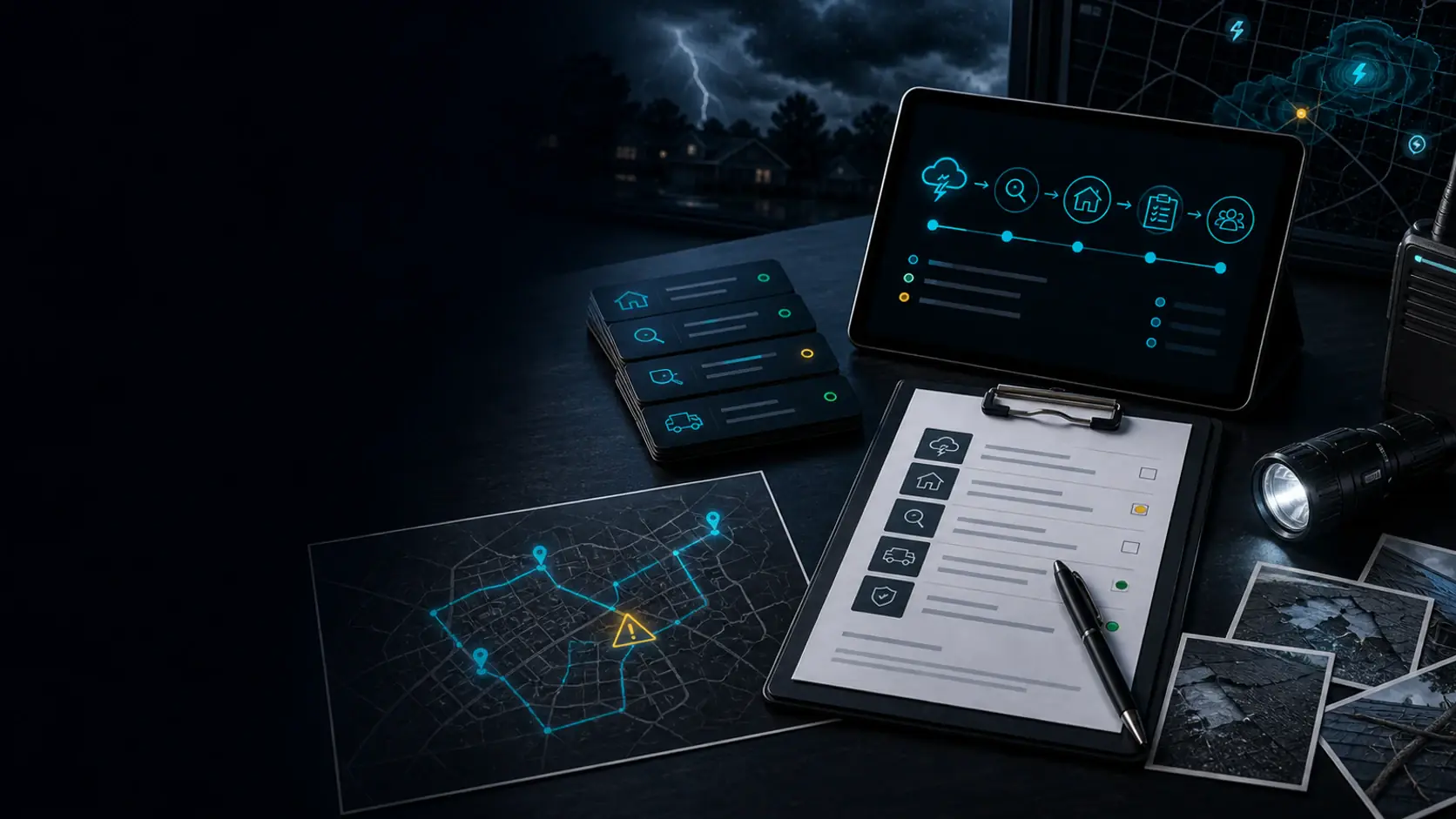 GhostRep storm response checklist cover showing dispatch priorities, storm routes, and inspection response workflow