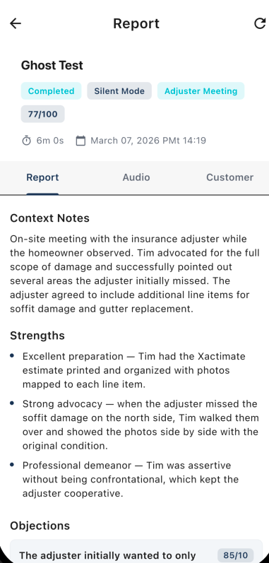 Unaltered Echo test-session report excerpt showing Context Notes and Strengths from a field conversation.